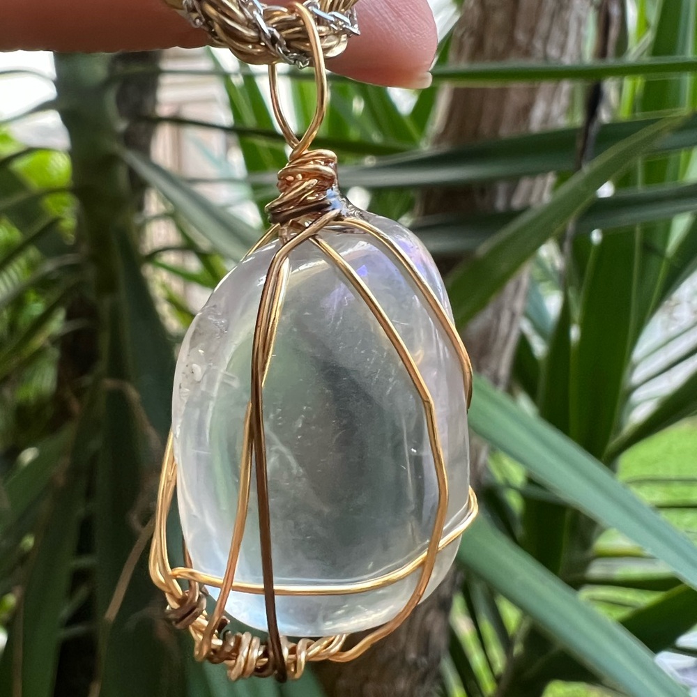Aura Gemstone Wrapped Pendant w/ Vintage Monet Chain | 18" - Picture 13 of 15